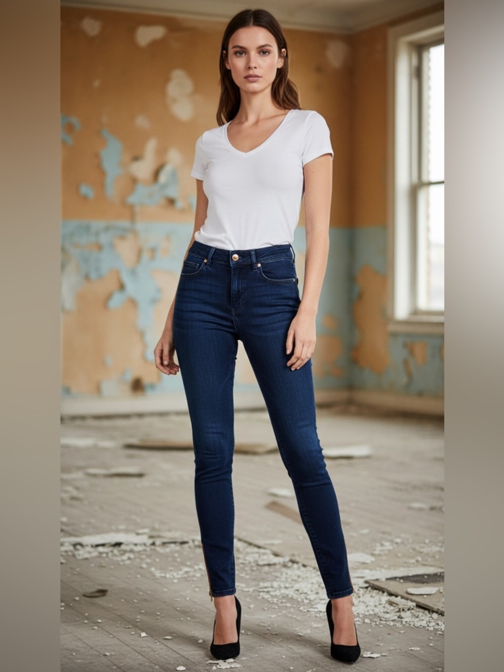Etienne Marcel Dark Blue Washed Skinny Jeans with Gold Zippers & Red Trim